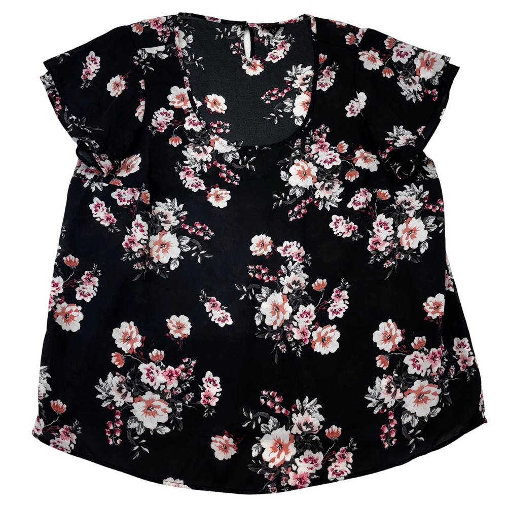 Torrid Floral Blouse Women‎ 1 Black Pink Babydoll Chiffon Flutter Sleeve Top